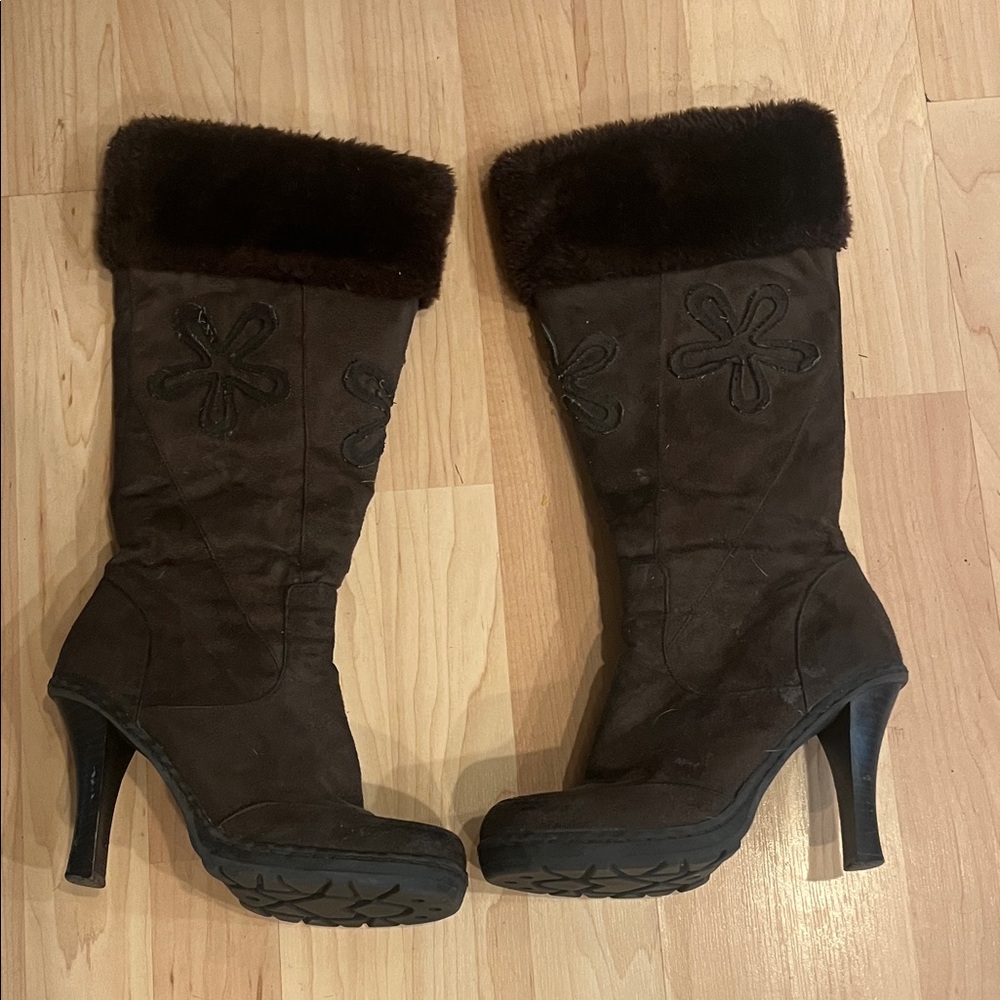 Elegant Brown Fur-Trimmed Heeled Boots